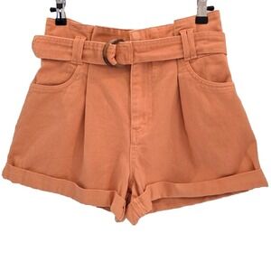 TGLA Self High Rise Cuffed Shorts Women's M Spice Orange Cotton Pleated D-Ring B